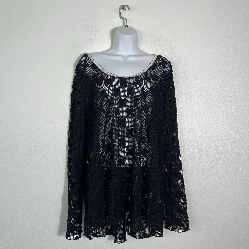 NEW Free People Grady Lace Crochet-Style Top, Black Whimsigoth Fairy Large Goth